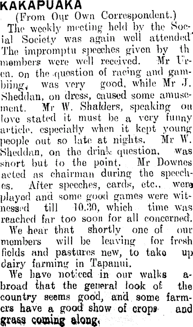 KAKAPUAKA. (Clutha Leader 30-5-1911)