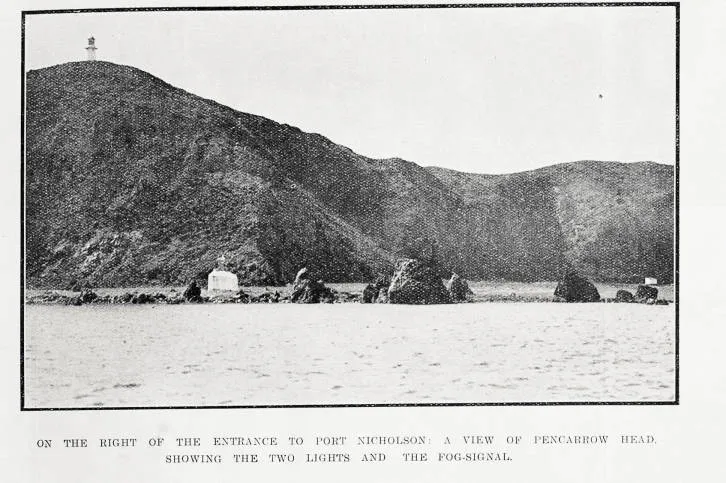On the right of the entrance to Port Nicholson: a view of Pencarrow Head, showing the two lights and the fog-signal