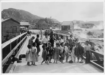 Image: Martin, Josiah, 1843-1916 : Photograph of children performing a haka at Whakarewarewa
