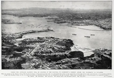 Image: Where the harbour will be spanned if the proposal to construct a bridge across the Waitematā is finalised