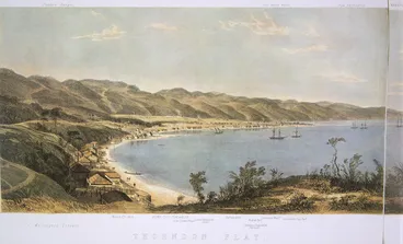 Image: Smith, William Mein 1799-1869 :The harbour of Port Nicholson and the town of Wellington (sketched in the middle of the year 1842). [left-hand portion].