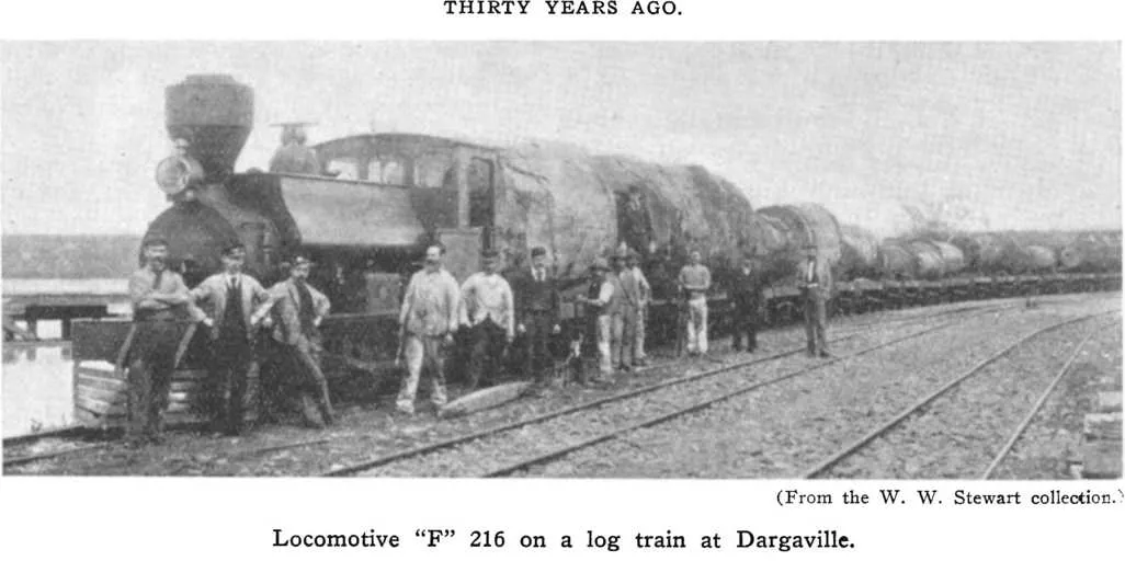 Thirty Years Ago. — (From the W. W. Stewart collection.) — Locomotive “F” 216 on a log train at Dargaville