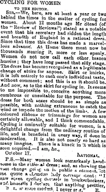 Image: CYCLING FOR WOMEN. TO THE EDITOR. (Otago Daily Times 18-10-1895)