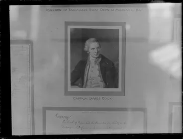 Image: Copy of engraved portrait of Captain James Cook, including a sample of his handwriting [from museum display, Dunedin?]