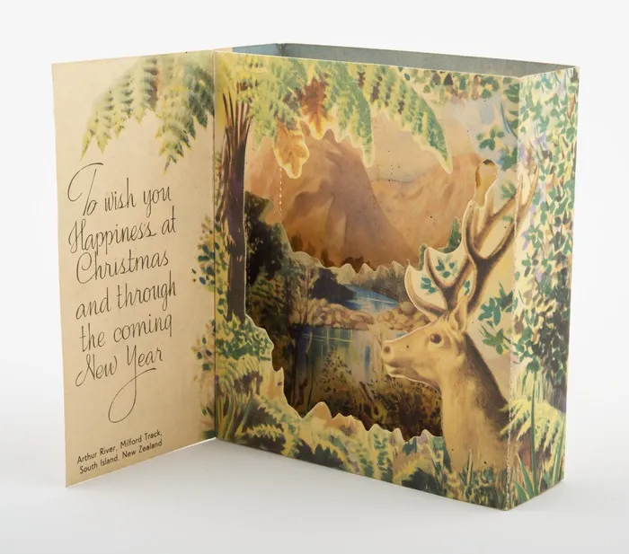 Dawson Printing Company (Firm) :Best wishes. To wish you happiness at Christmas and through the coming year. Arthur River, Milford Track, South Island, New Zealand. [3-D card. ca 1930-1949?].