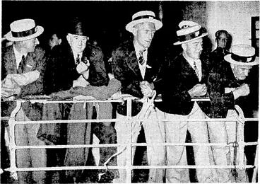 Image: EyeniDg Post" Pboto. Members of the Empire Games team left for Sydney last evening by the Wanganella. At top is a corner of the Queen's Wharf, where a huge crowd assembled to bid farewell to athletes, women cricketers, and the winner of the Deanna Durbin contest,. who is considered the mascot of the New Zealand Games team. The picture above shows Mr. A. C. Kitto, assistant manager of the New Zealand team, with some members of the team as the Wanganella pulled out. (Evening Post, 21 January 1938)