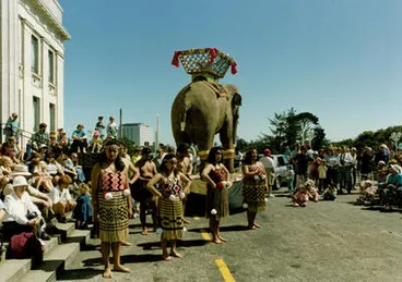 Image: [Rajah the Elephant out in front of the Museum on Museum Supporter's Day]