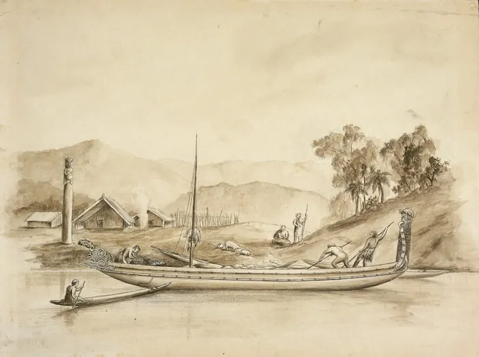 [Downes, Thomas William] 1868-1938 :Canoe with two topsides on Whanganui River [1840s. 1914?]
