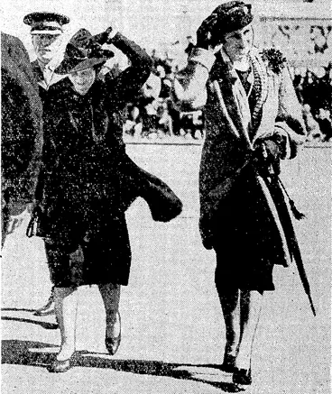 Image: It ivas very windy yesterday ivhen the viceregal parly arrived for the opening of the Centennial Exhibition. Lady Galway (right) ami Mrs Hislop are seen going to their seats huffeted by the wind. (Evening Post, 09 November 1939)