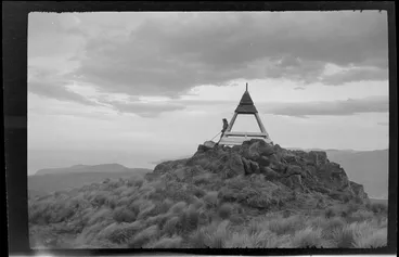 Image: Trig station on rocky outcrop, [Port Hills, Canterbury region?]