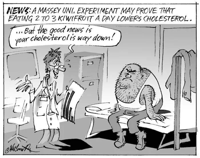 News - A Massey Uni. experiment may prove that eating 2 to 3 kiwifruit a day lowers cholesterol. "... but the good news is your cholesterol is way down!" 26 May 2010