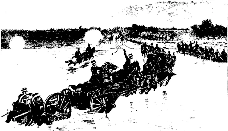 WARM WORK: JAPANESE ABTILLER* CROSSING A RIVER UNDER FIRE (Otago Witness, 05 October 1904)