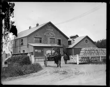 Image: Temuka, Geraldine County, Canterbury, showing Butters & Cheese factory and horse and cart with [milk?] containers