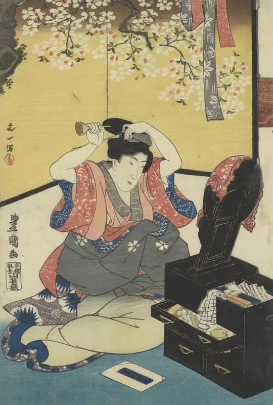 Woman kneeling before a mirror, putting a pin in her hair