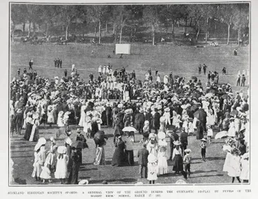 Image: AUCKLAND HIBERNIAN SOCIETY'S SPORTS: A GENERAL VIEW OF THE GROUND DURING THE GYMNASTIC DISPLAY BY PUPILS OF THE MARIST BROS,' SCHOOL. MARCH 17. 1905