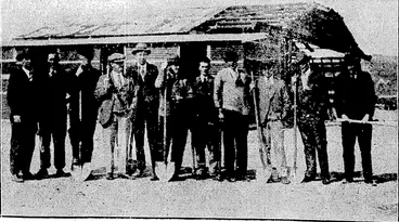 Image: Robsonand Boyer.Fhoto. PREPARING F.OR AT&IAL VISITORS.—Members of_ the Wellington Aero Club ivhoindulg- ' ed in a "working bee" on Saturday afternoon, in order to put the Rongolai aerodrome, at Lyall Bay,into something Wee[order for. the''pkj^.whfchare fo arrive io-morroiv. (Evening Post, 07 October 1929)