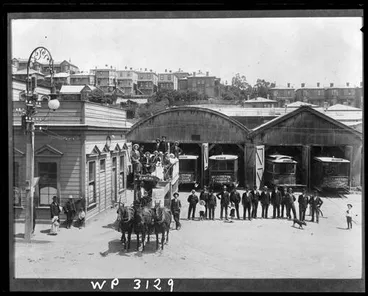 Image: The Cuba Street tram outside Wellington Corporation Tramways barns, Drummond Street, Newtown