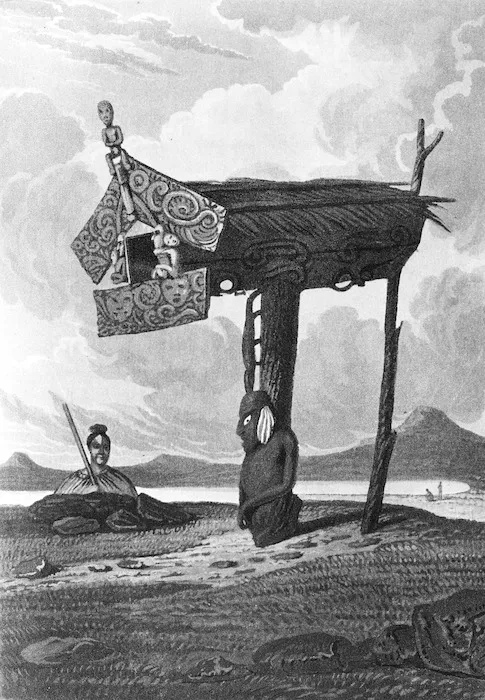 Earle, Augustus, 1793-1838 :A tabood store house in New Zealand. Drawn by A. Earle. Engraved by J. Stewart. Published by Longman & Co., London, May 1832.