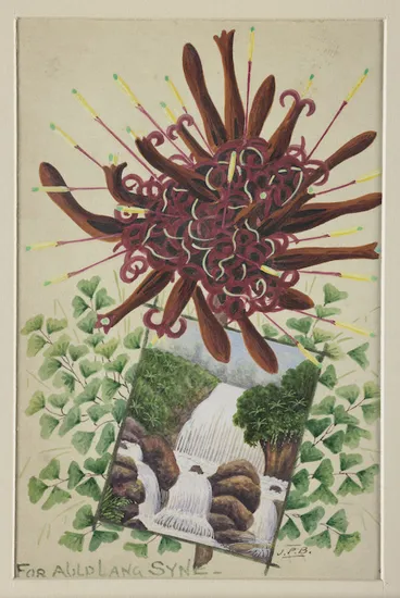 Image: Backhouse, John Philemon, 1845-1908 :[New Year card with rewarewa and waterfall. ca. 1880]