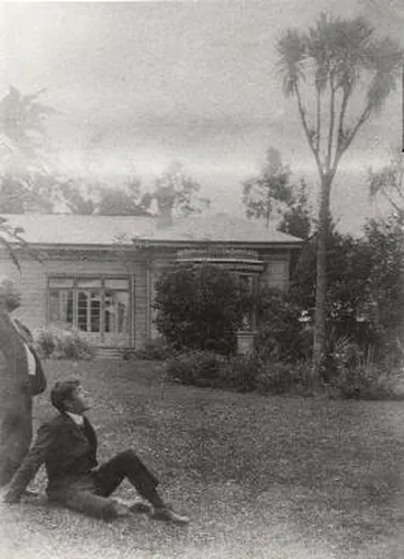 Image: Charles Haigh and an older man in front of Te Rakaunui Homestead in Greytown