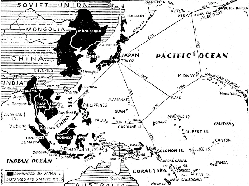 With the exception of the souther n half of the island of Sakhalin, ceded to Japan after the Russo-Japanese War of 1904-5, the parts of the map in black show the territories overrun by Japan from the time she began her career of aggression in 1931, 'when she seized Manchuria, until the height of her conquests in the present ivar. Burma and the Philippines were liberated this year. Although not shown in black, most of the Solomons and New Guinea were occupied by the enemy. In accordance with the Potsdam Proclamation, Japanese sovereignty is henceforth to be limited to the home islands of Honshu, Hokkaido, Kyushu, and Shikoku, and a few minor islands. (Evening Post, 11 August 1945)