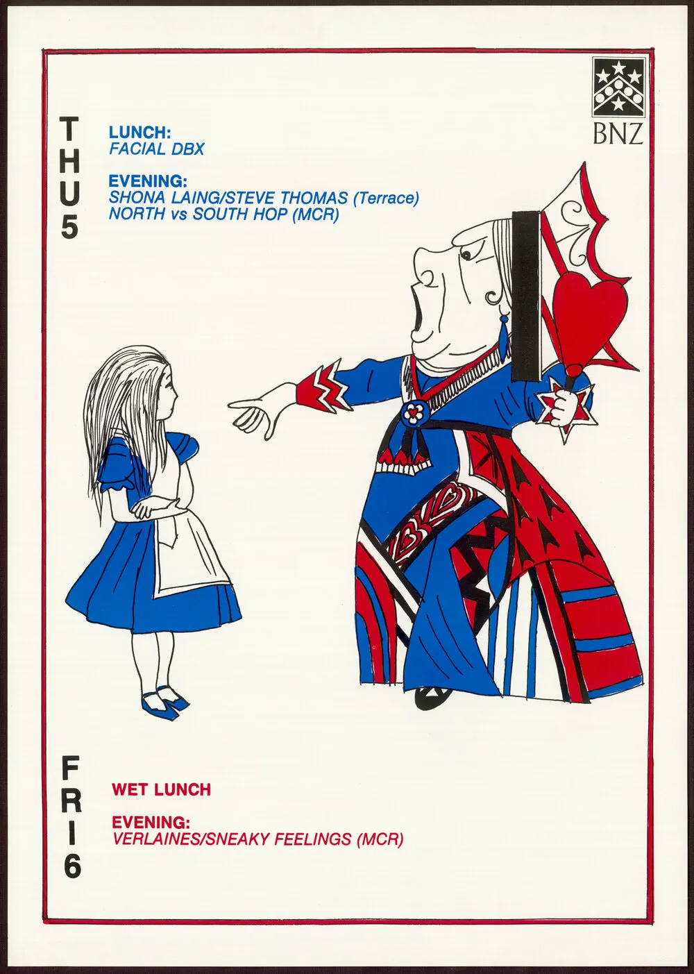 [Poster advertising concerts by Shona Laing, Steve Thomas, Verlaines & Sneaky Feelings that includes a drawing taken from Alice in Wonderland]