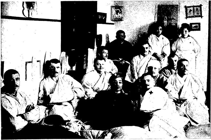 THE RUSSO-JAPANESE WAR: JAPANESE WOUNDED IN HOSPITAL AT CHEiIULPO—JAPANESE RED CROSS  NURSES AT BACK. (Otago Witness, 25 May 1904)