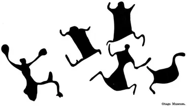 Image: Otago Museum. A Prehistoric Moa-Hunt — Depicted on the wall of Blackler's Cave, near Pleasant Point, South Canterbury