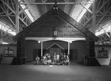 Image: Carvers and builders outside the unfinished Maori meeting house, Centennial Exhibition, Wellington