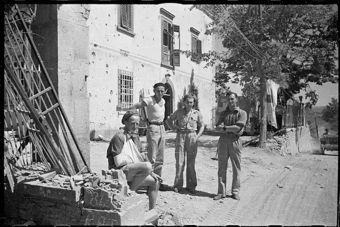 New Zealanders at the Regimental Aid Post of the 23rd Battalion, during the advance to Florence, Italy - Photograph taken by George Frederick Kaye
