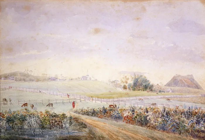 [Bridge, Cyprian], 1807-1885 :[View of the Waimati (missionary station) and Poka Mie Hill in the distance. 1845]