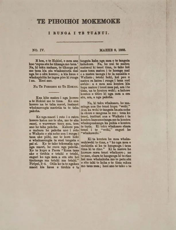 Newspaper – Te Pihoihoi Mokemoke i runga i te Tuanui, No 4, Maehe 9, 1863