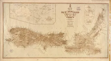 Map of New Zealand with mountain features in pictorial relief. Image: Map of New Zealand with mountain features in pictorial relief.