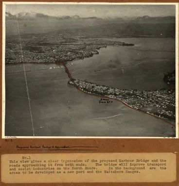 Image: Aerial view of the proposed Harbour Bridge, 1946