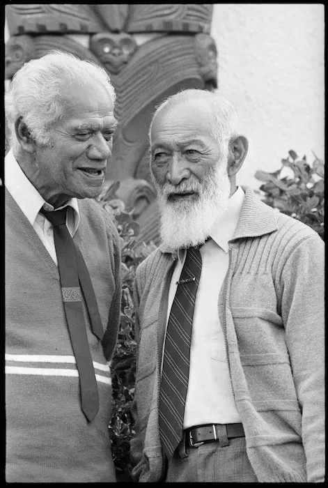 Maori elders Mr Hemi Te Wau-Peita and Mr Ephraim Te Paa at Waiwhetu Marae, Lower Hutt - Photograph taken by Ian Mackley