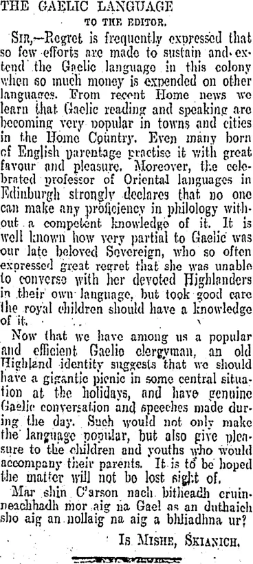 Image: THE GAELIC LANGUAGE. (Otago Daily Times 7-11-1905)