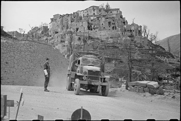 New Zealand provost, W G Barclay, on point duty at Aquafondata, Italy, World War II - Photograph taken by George Bull