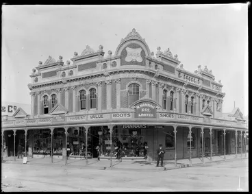 Image: Shoe Store, R Hannah & Co Limited, Gisborne, with H J Bushnell Bookshop next door