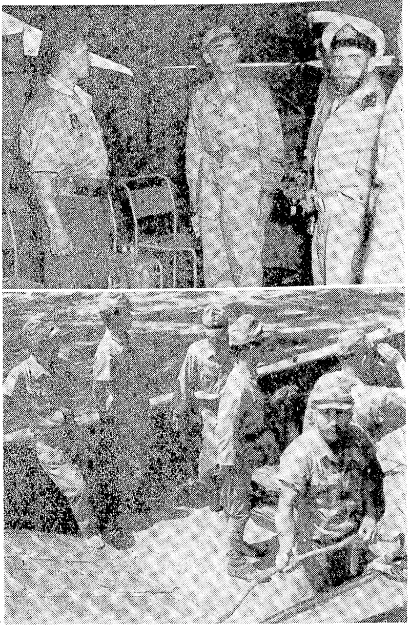 Folloiving instructions, a Japanese envoy, Captain TaJcemaka, met the Australian corvette FI.M.A.S. Lithgoiv shortly after dawn on August 20 in Bum Harbour, South Bougainville. In the top picture the envoy is seen protesting, whilst covered by pistols, at the information that he is to be taken to the Australian headquarters at Torokina. The bottom picture shoivs the Japanese envoy and his parly coining alongside the corv,ette. (Evening Post, 29 August 1945)