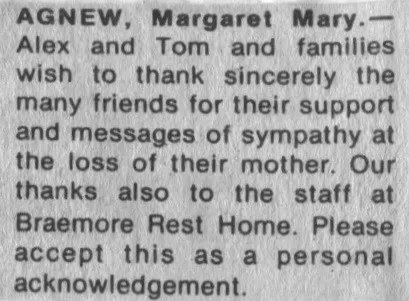 Agnew, Margaret Mary Acknowledgement Notice 1991 (The Hawke's Bay Herald-Tribune)