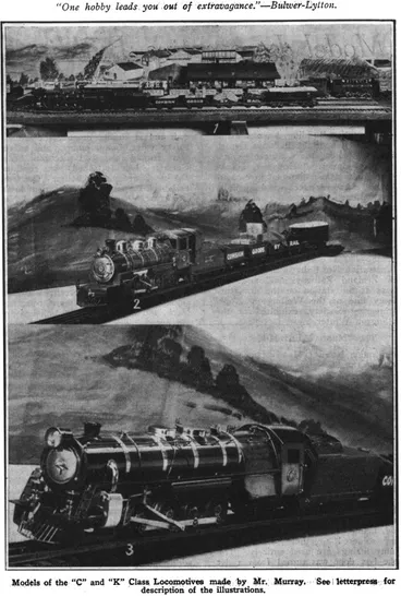 Image: One hobby leads you; out of extravagance.“—Bulwer-Lytton. — Models of the “C” and “K” Class Locomotives made by Mr. Murray. See letterpress for description of the illustration
