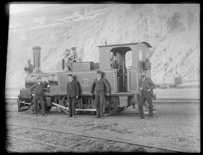 D Class steam locomotive no 46, showing five unidentified railway workers, including driver, probably Christchurch district