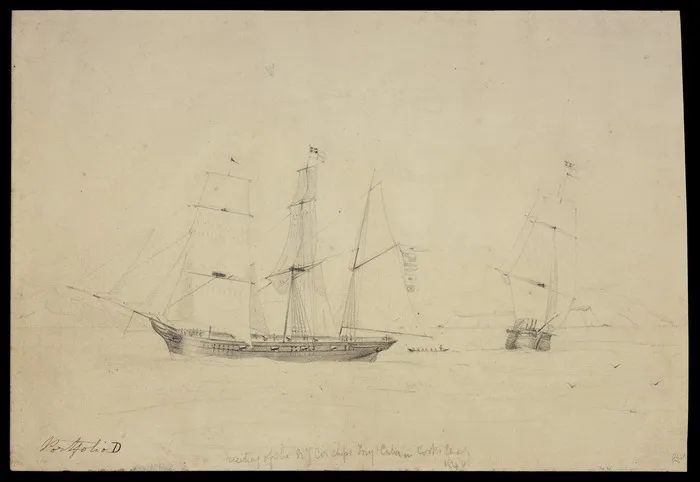 Heaphy, Charles 1820-1881 :Meeting of the N.Z. Co's ships Tory & Cuba in Cook's Straits, 1840