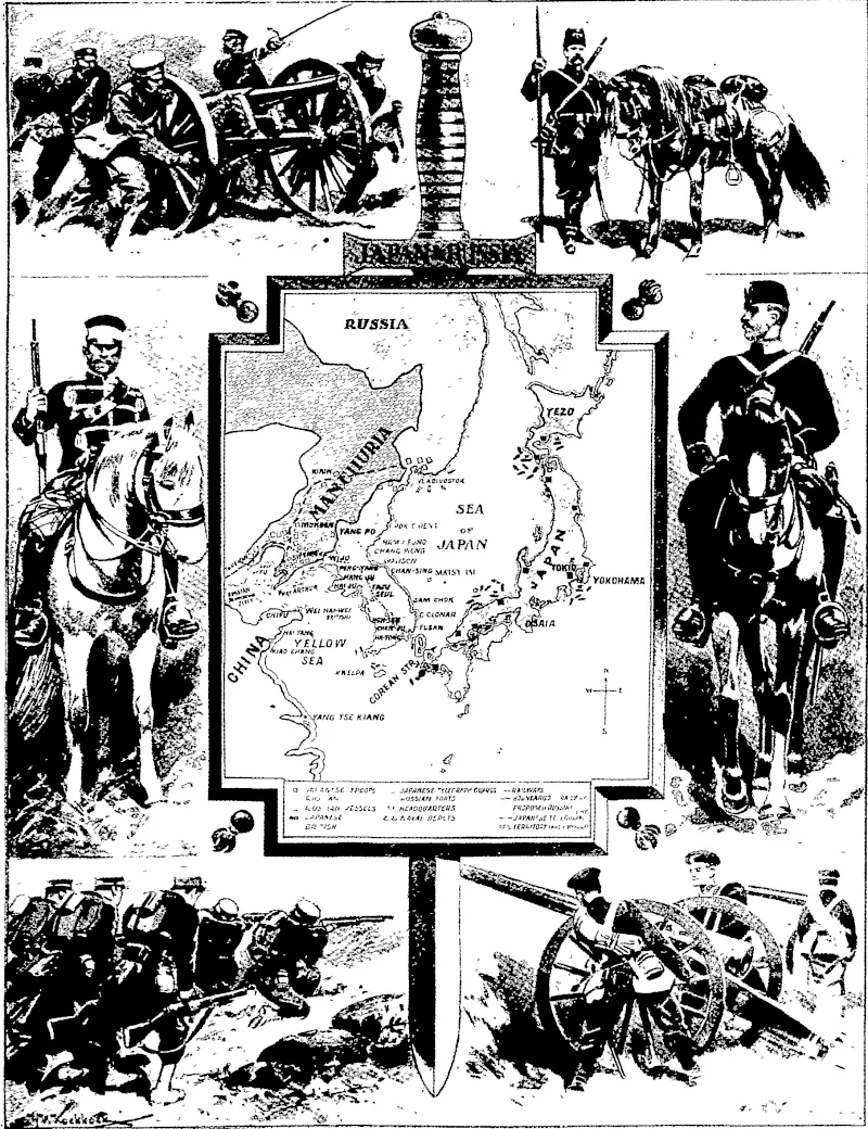 MAP OP THE SCENE OF OPERATIONS, AND TYPES OP THE SOLDIERY OF THE RIVAL NATIONS.  On the left: Japan—(1) Field artillery, (2) Cavalryman, and (3) Infantry skirmishing. On  the right- Russia—(1) Cossack of the line (2) Dragoon, and (3) Field artillery.  —Illustrated London, News. (Otago Witness, 17 February 1904)