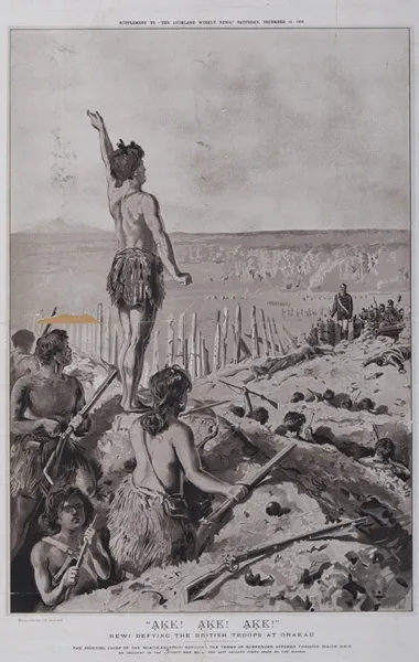 Ake! Ake! Ake! Rewi defying the British troops at Orakau.An incident in the Waikato war, being the last gallant stand made by the Māoris.