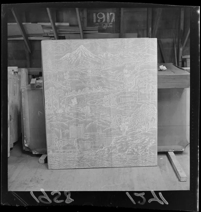 Totara panel showing iconic scenes of New Zealand, carved by Mr E Mervyn Taylor