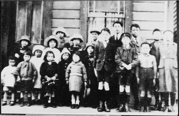 Image: Copy negative of Chinese Sunday School children outside the Chinese Mission Church in Frederick Street, Wellington