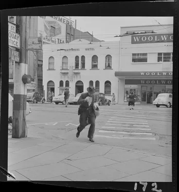Image: A Pedestrian struggling against the wind, Lambton Quay, Wellington