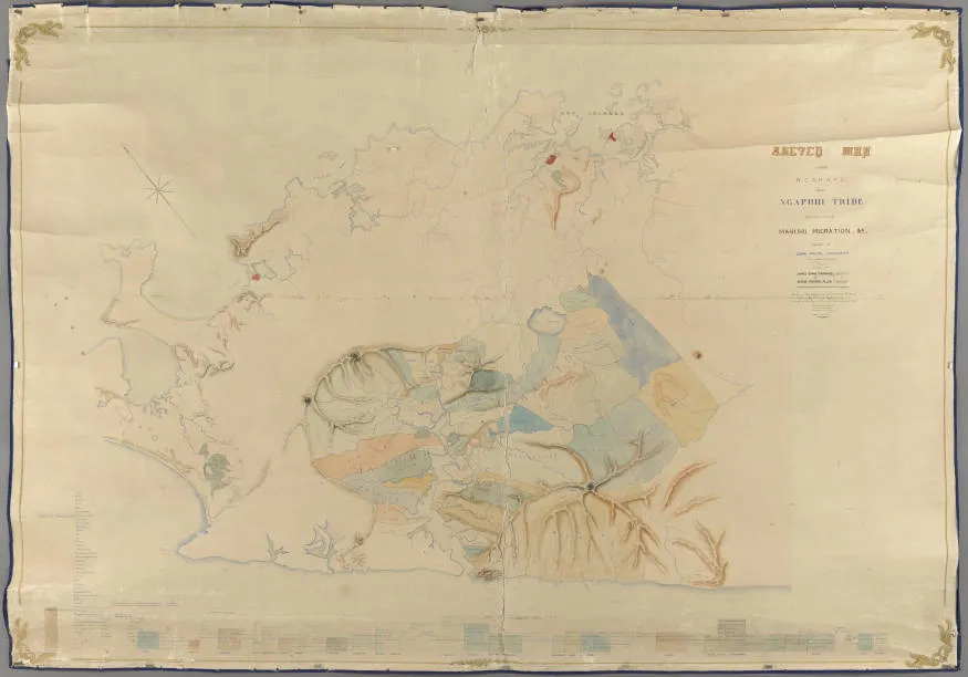 Sketch map showing Nga hapu of the Nga Puhi tribe, Western division, Mahuhu migration, compiled by John White. Drawn by James Orme Barnard & George Frederic Allen.
