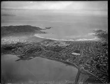 Image: Aerial view including Rongotai, Wellington, and buildings for the New Zealand Centennial Exhibition